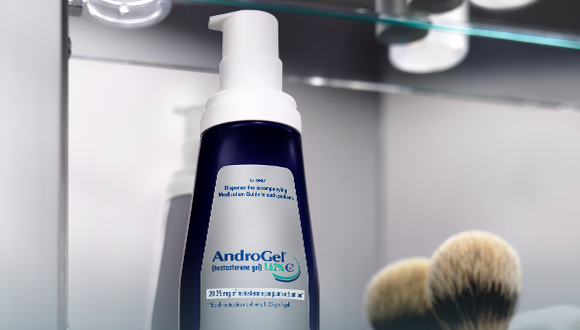 The AndroGel 1.62% pump inside a bathroom cabinet